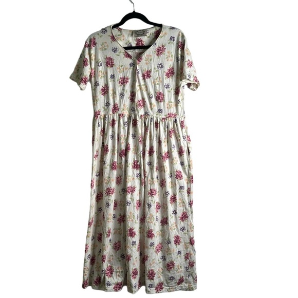 Erica vantage floral midi dress side pockets quarter button size M ivory red - Picture 2 of 9